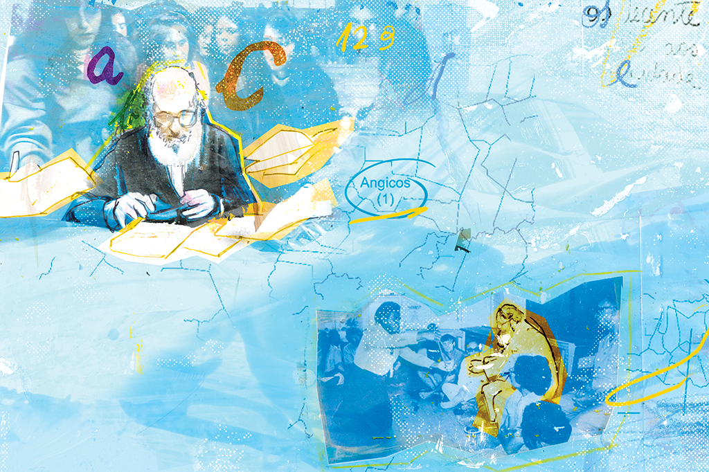 Colagem com Paulo Freire em salas de aula, um mapa com Angicos e livros.