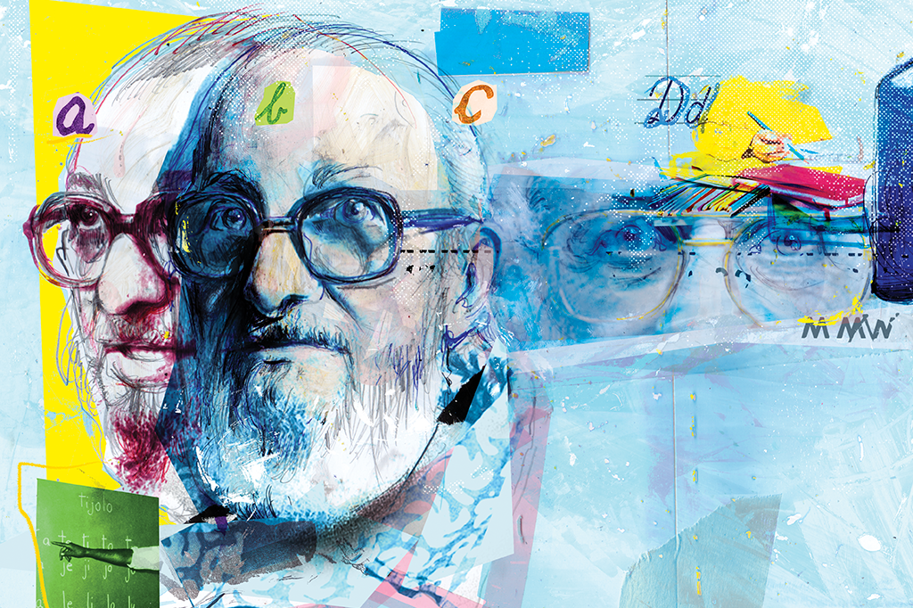 Colagem com rostos do Paulo Freire, letras, livros e lápis.