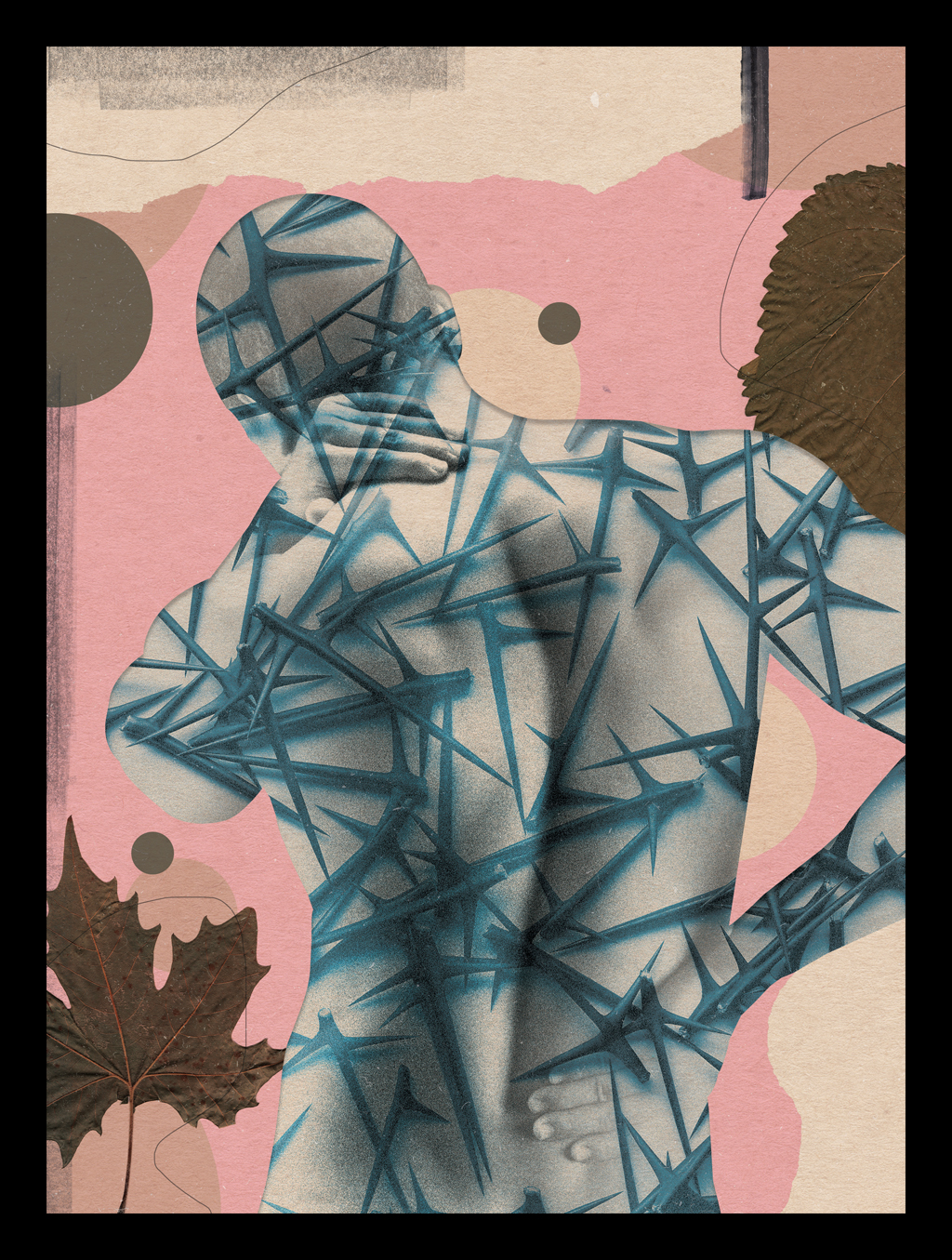 Colagem de silhueta de pessoa com textura de espinhos representando a imunidade atacando o próprio corpo.