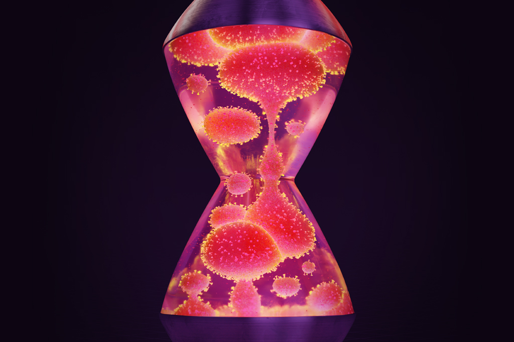 Ilustração 3D de luminária vulcânica com bolhas em formato de vírus.