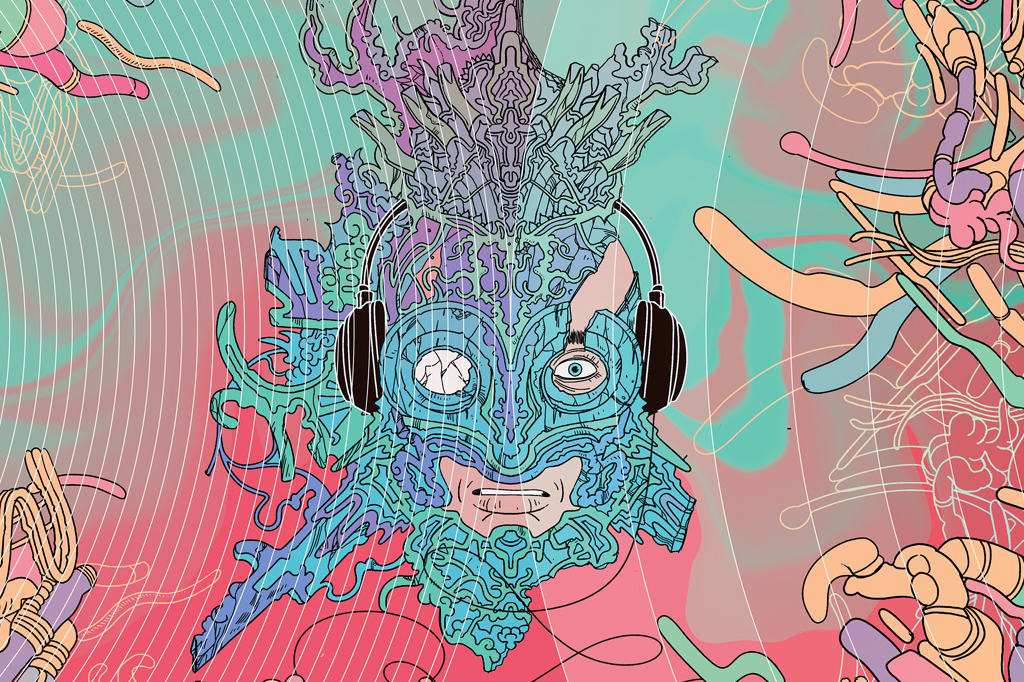 Ilustração colorida e psicodélica de alguém usando fones de ouvido