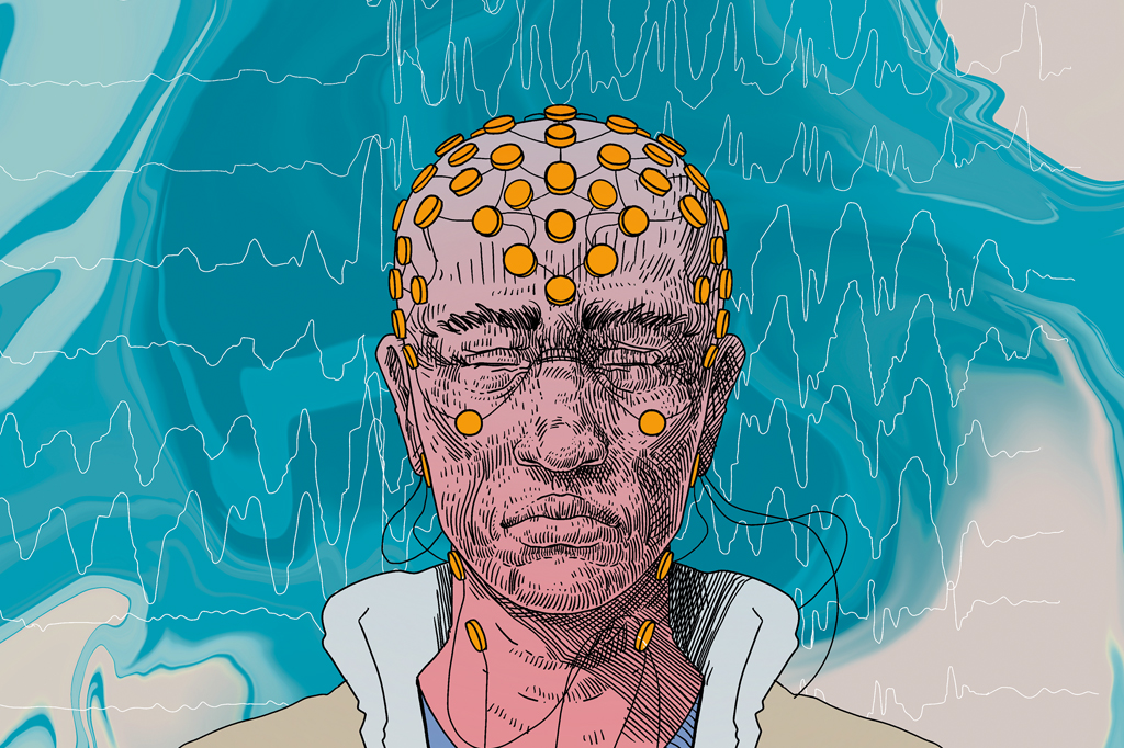 Os eletrodos de um EEG, fora da cabeça, captam só padrões bem gerais na atividade cerebral. Ilustração de uma pessoa de olhos fechados e eletrodos conectados na cabeça.
