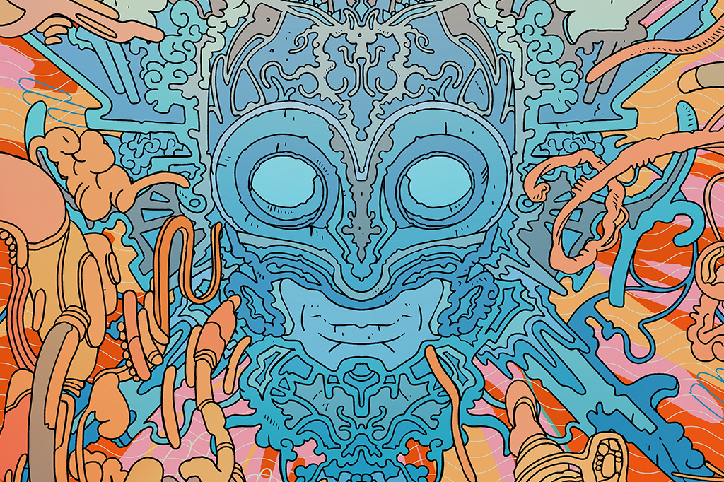 desenho psicoldélico nas cores azul e laranja de uma pessoa ouvindo "drogas digitais"