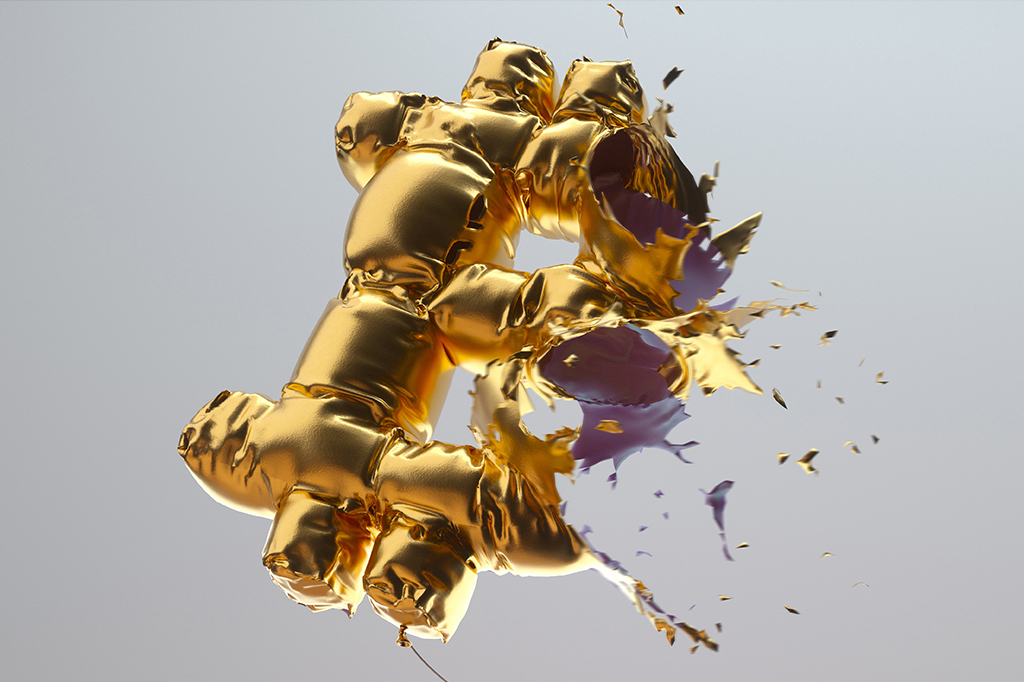 Ilustração 3D de balão com formato do símbolo do Bitcoin estourando.