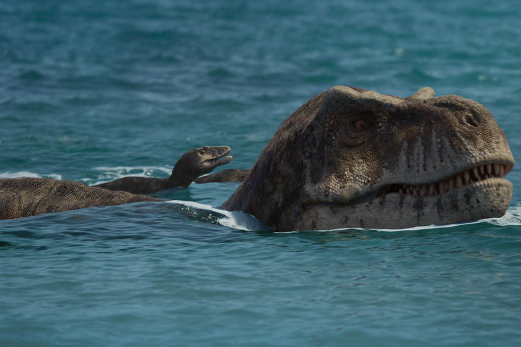 Cena de dinossauros nadando no mar.
