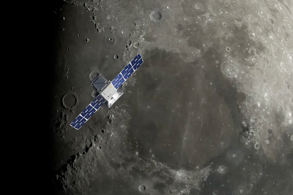 Uma renderização artística de CAPSTONE em órbita ao redor da Lua