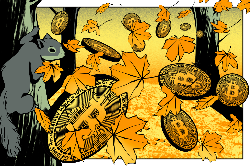 Ilustração de folhas e moedas de bitcoin caindo.