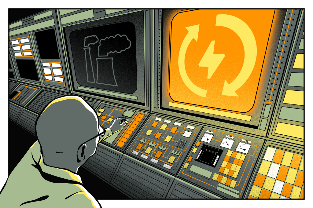 Ilustração de um cientista manipulando um painel de botões.
