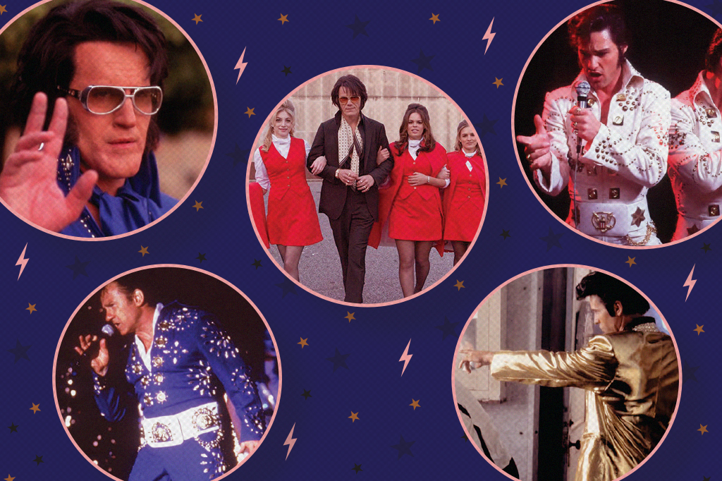 Montagem com cenas dos filmes, em que os atores estão caracterizados como Elvis.