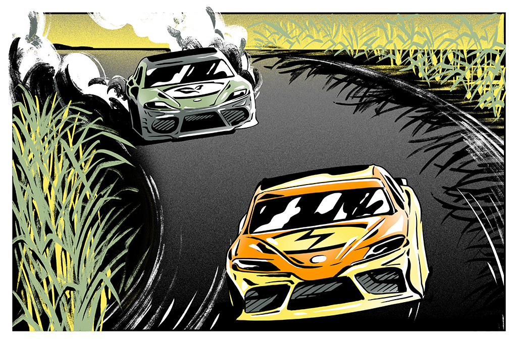 Ilustração de dois carros de corrida numa pista com um canavial ao redor.