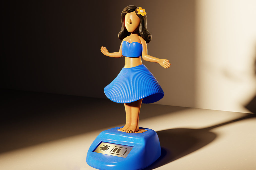 Ilustração 3D de uma boneca havaiana movida a energia solar no centro da imagem.
