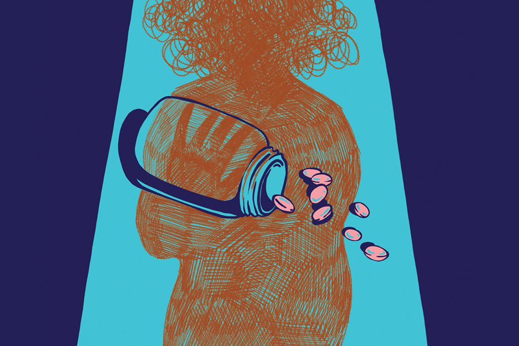 Ilustração de um frasco caído com comprimidos derramados, com uma sombra de pessoa por cima, e emaranhado na parte da cabeça.