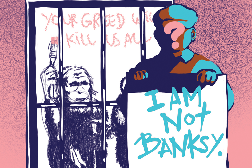 Ilustração da obra Your greed will kill us all com um homem ao lado de boina, segurando uma placa escrita "I am not Banksy".