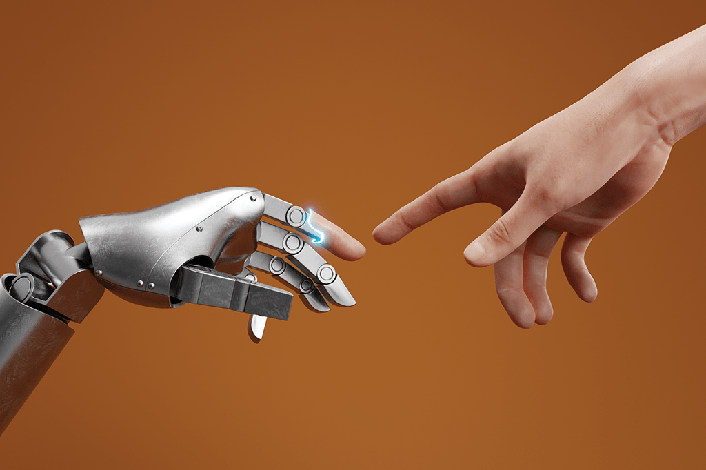 Ilustração 3D de uma mão humana prestes a tocar uma mão robótica que está sendo coberta por pele humana.