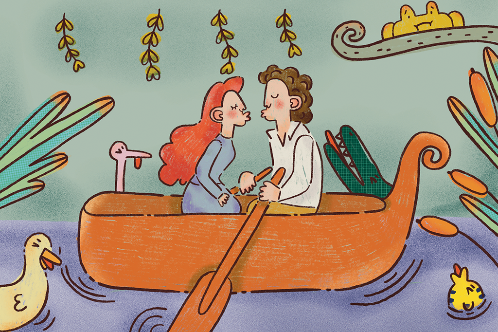 Ilustração de um casal se beijando num barco e animais em volta com cara de nojo.