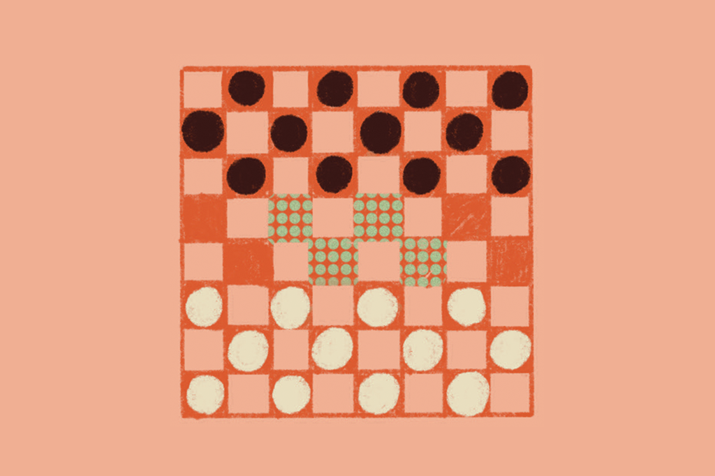 Ilustração de um tabuleiro de damas com algumas casas destacadas.