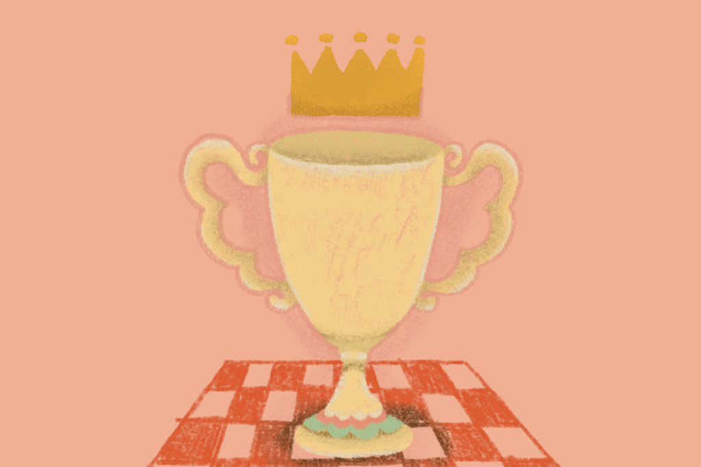 Ilustração de um troféu em cima de um tabuleiro.