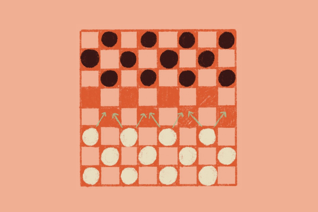 Ilustração de um tabuleiro de damas com as possíveis saídas das peças brancas.