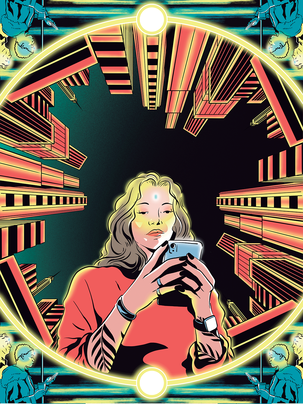 Ilustração de uma mulher no meio da cidade mexendo no celular.