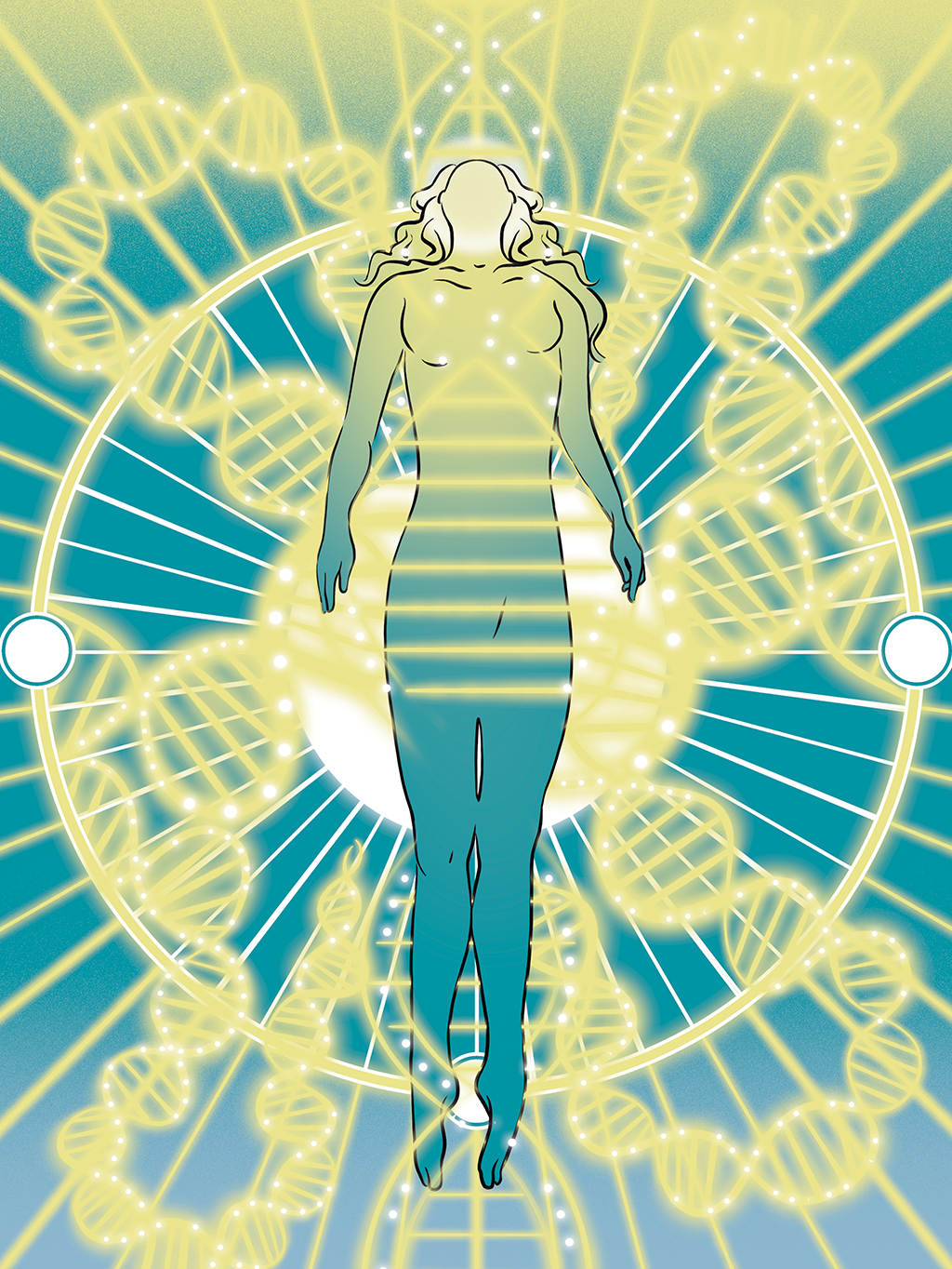 Ilustração de uma mulher cercada de fitas de DNA.