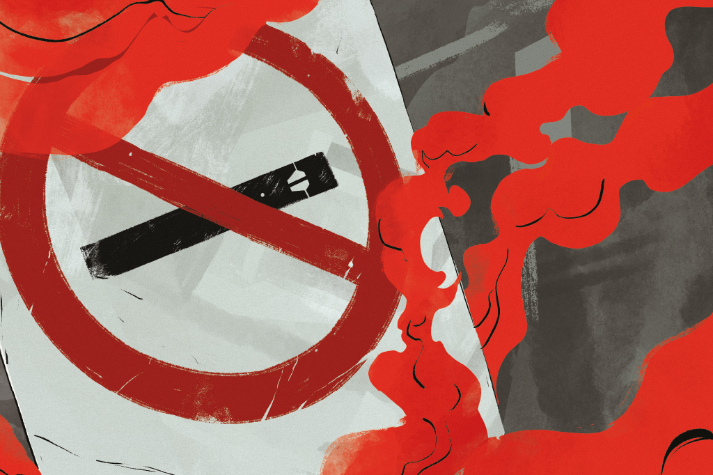 Ilustração de uma placa de proibido fumar, mas com um vape no lugar do cigarro comum