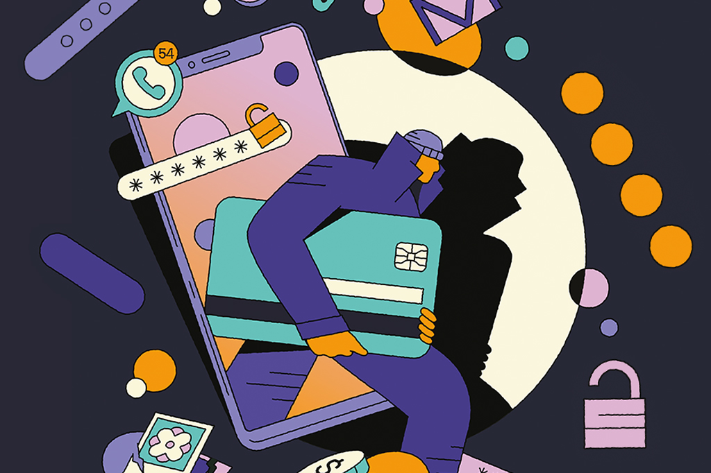 Ilustração de ladrão saindo de tela de celular com um cartão de crédito debaixo do braço.