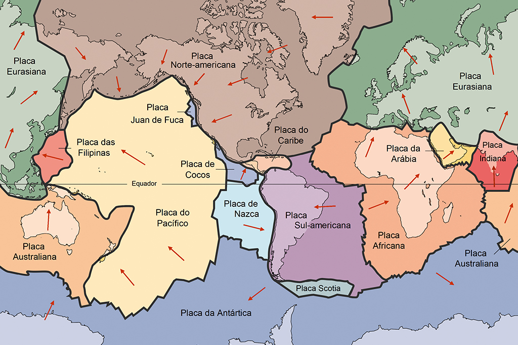 SI_deriva_fig1_site Mapa-mundi com a delimitação das placas litosféricas.
