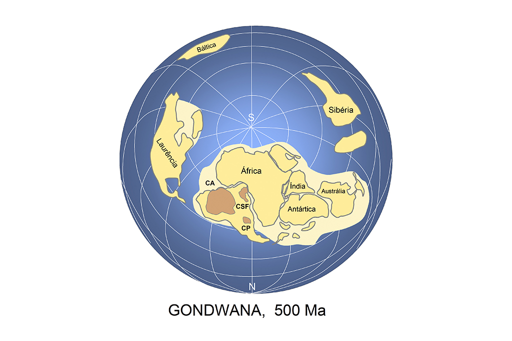 Reconstrução e posição no globo do grande continente de Gondwana.