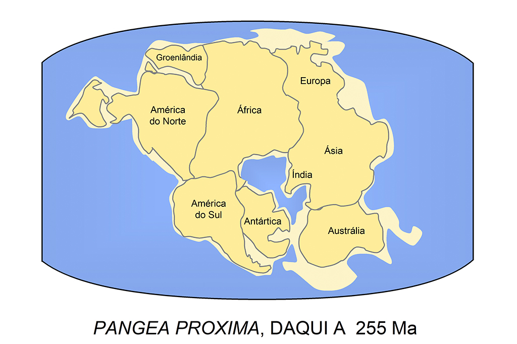 Esquema ilustrado mostrando a configuração do que virá a ser o próximo supercontinente daqui a 250 milhões de anos, a Pangeia Próxima.