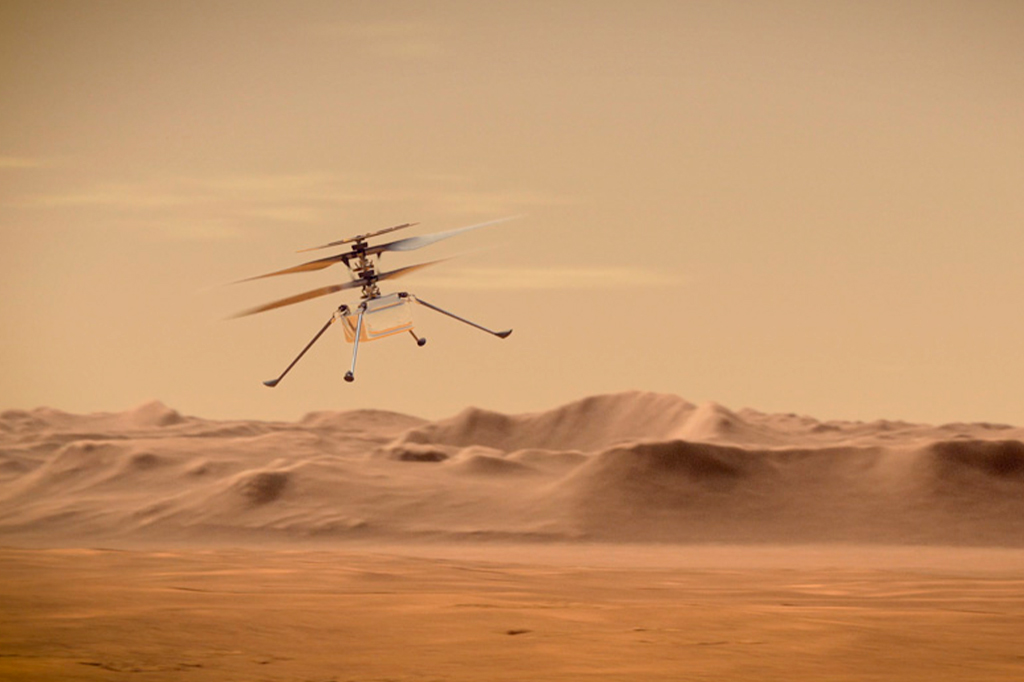 Ilustração 3D de como seria um vôo do helicóptero Ingenuity da NASA pelos céus de Marte.