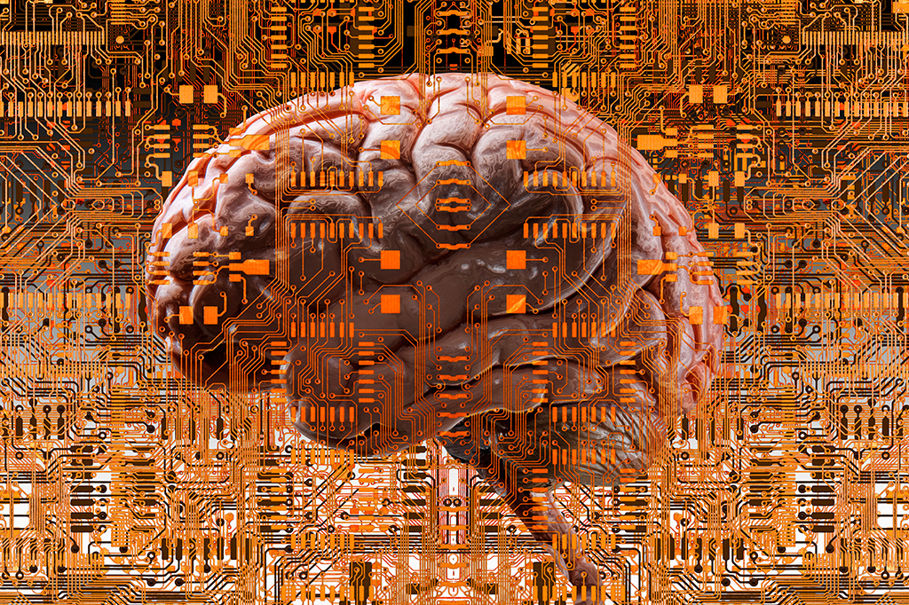 Ilustração 3D de cérebro cercado de circuitos eletrônicos.