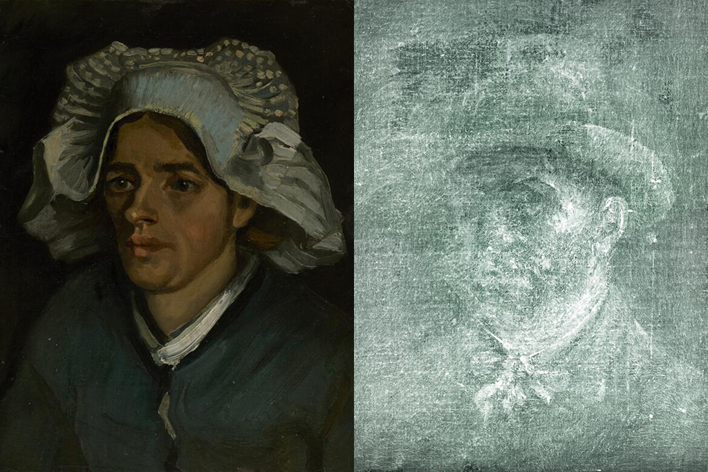 Montagem da pintura Retrato de Mulher (Cabeça de Camponesa) e o autorretrato de Van Gogh encontrado na mesma pintura.