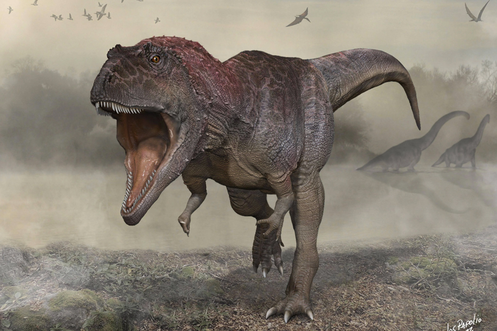 Ilustração do dinossauro Meraxes, que tinha um crânio grande e braços curtos.
