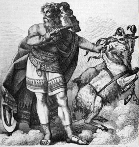 Ilustração de Thor com Tanngnjóstr e Tanngrisnir.