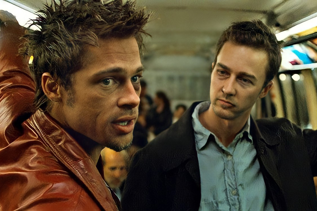 Cena do filme Clube da Luta com os dois personagens principais no metrô.