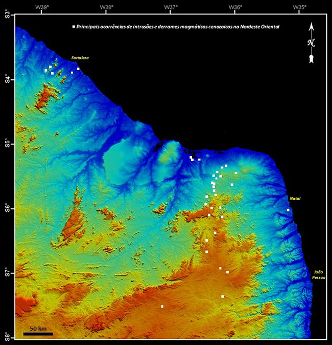 Modelo digital do terreno do Nordeste Oriental com localização das principais ocorrências (pontos brancos) de intrusões e derrames magmáticos pós-Maastrichtiano (
