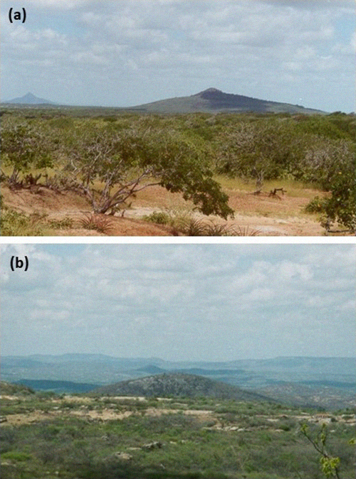 Exemplos de remanescentes de plugs magmáticos que se destacam na paisagem do sertão nordestino: (a) Serra Aguda-RN, com Pico do Cabugi em segundo plano; (b) plug do Saco do Inferninho-PB.