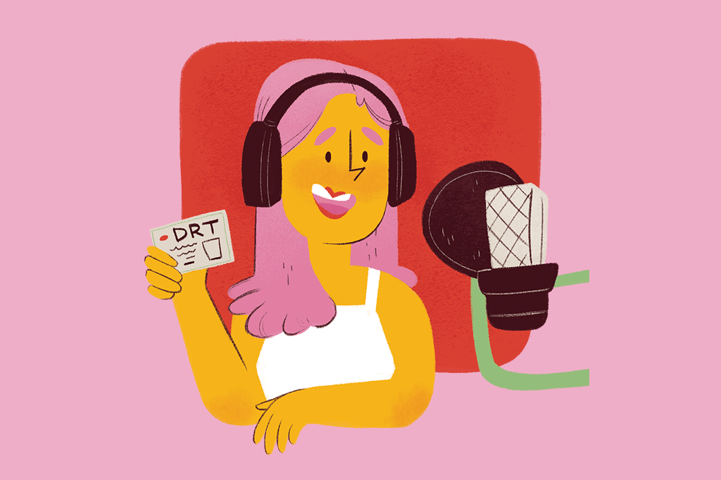 Ilustração de uma dubladora segurando a carteirinha de DRT.