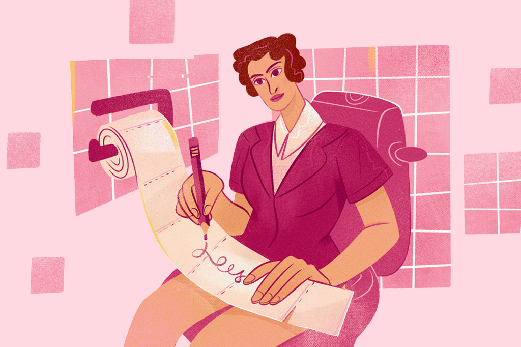 Ilustração de Agatha Christie escrevendo em um papel higiênico dentro do banheiro.