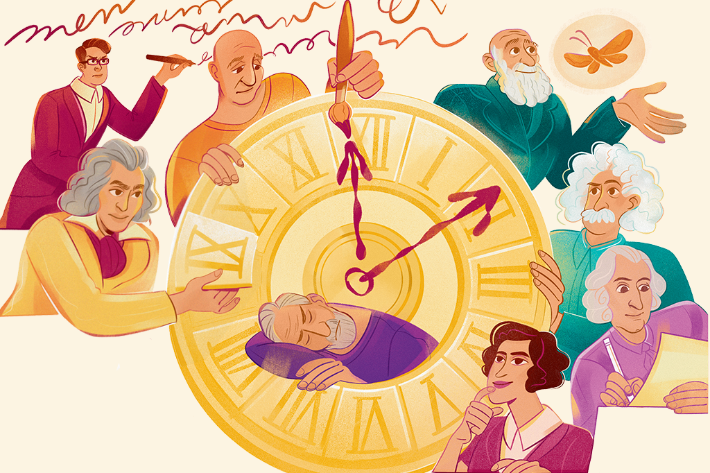 Ilustração de um relógio no centro e, interagindo com ele, as figuras de Stephen King, Beethoven, Freud, Picasso, Darwin, Einstein, Kant e Agatha Christie.