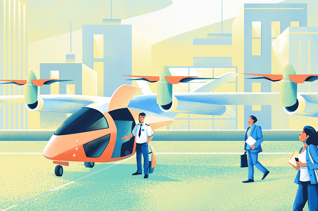 Ilustração do eVTOL da Gol/Avolon recebendo passageiros.