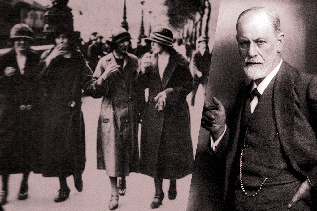 Montagem com frame do documentário 'Century of Self' e retrato de Sigmund Freud.