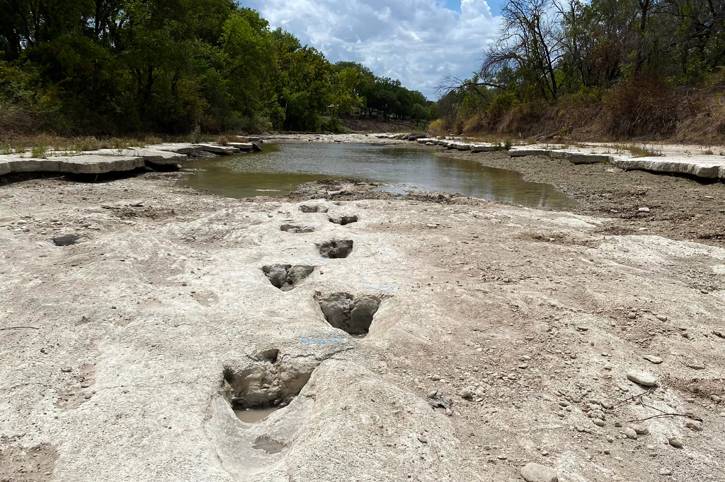 Fotografia das pegadas aparecendo na parte seca do rio.