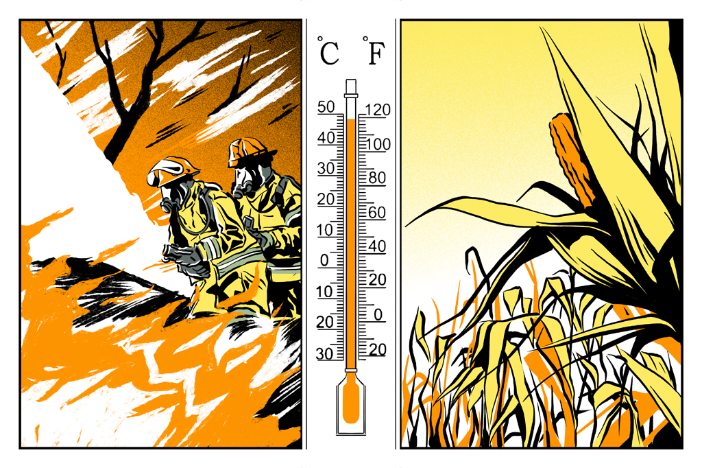 Ilustração de bombeiros apagando incêndio florestal, termômetro marcando 48°C e plantação seca.