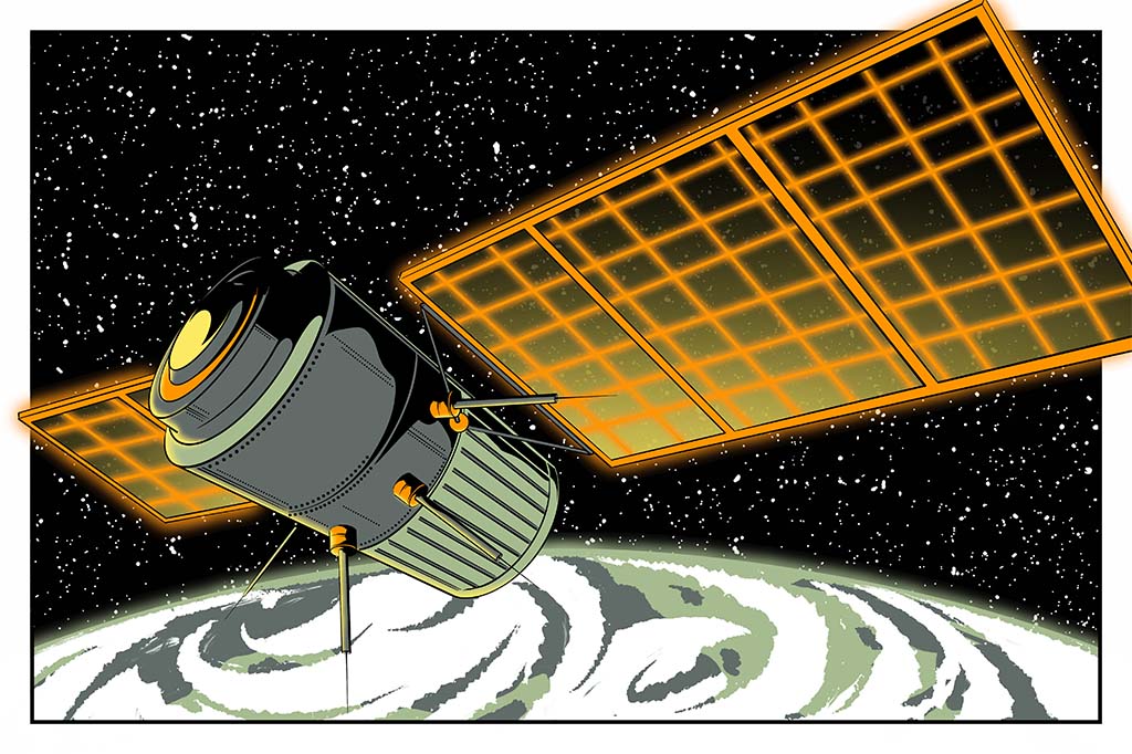 Ilustração de um satélite com placas solares acopladas.