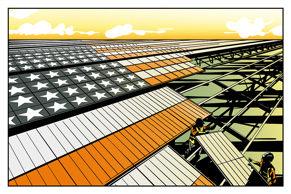 Ilustração de paineis solares que formam o desenho da bandeira dos EUA.