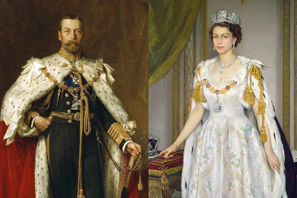 Pinturas dos retratos de George V e Elizabeth II.