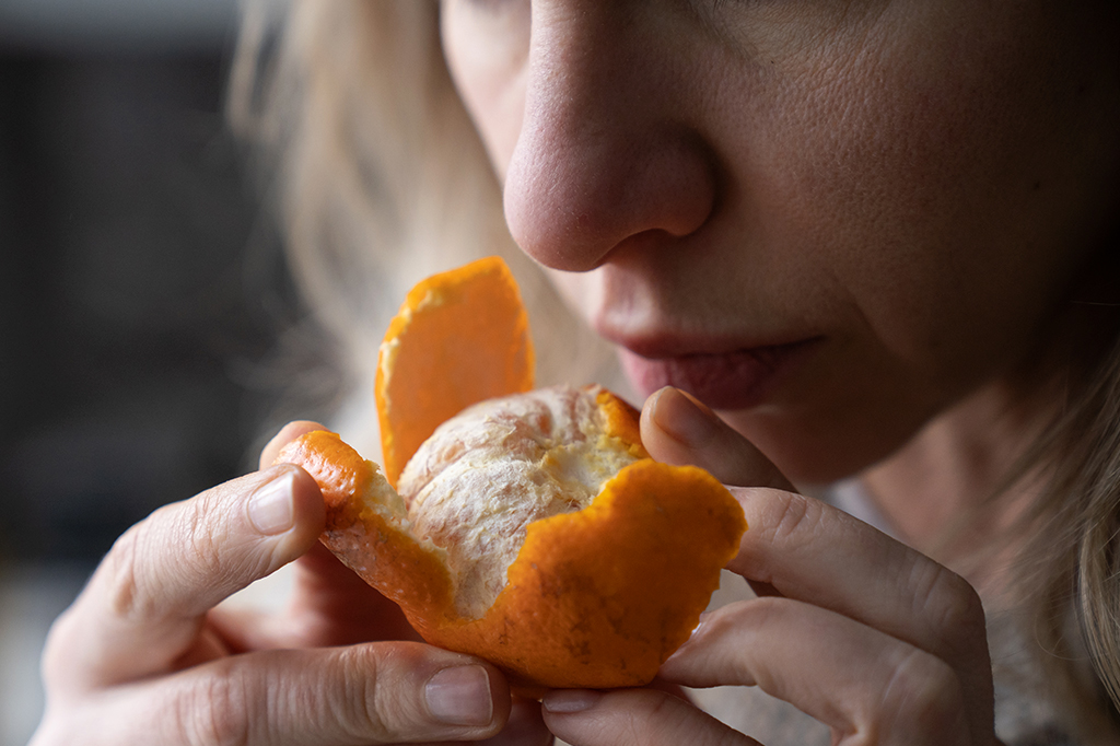 Pessoa cheirando uma laranja.