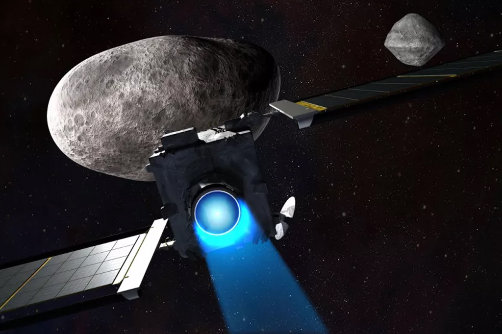 Ilustração 3D de espaçonave em direção a asteroide.