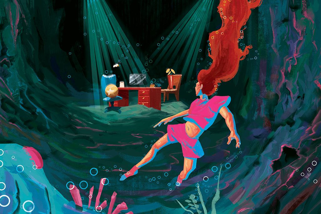 Ilustração de uma mulher dentro da água, olhando para trás, com luzes iluminando móveis e outros objetos.